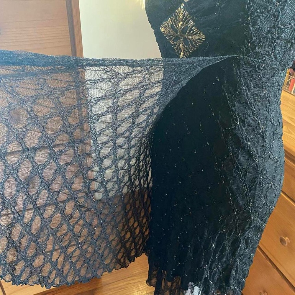 Vintage 90s Beaded Stretch Black Lace Midi Dress